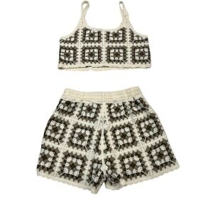 Rebellion Again‎ Crochet Knit Crop Top Shorts Set Two Piece Brown Womens S  S
